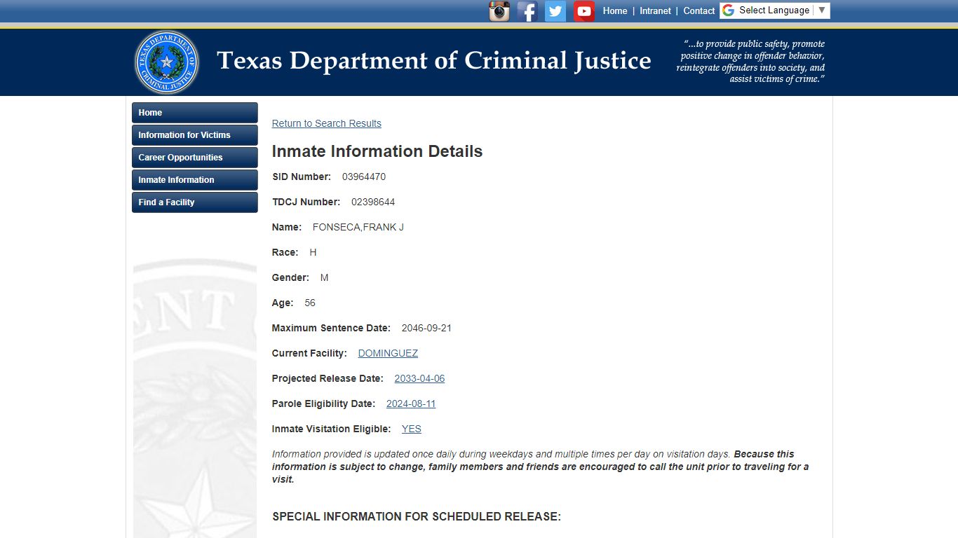Texas Department of Criminal Justice Inmate Search